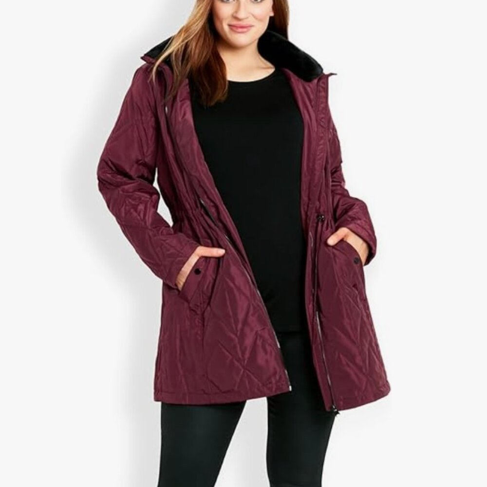 EVANS Faux Fur Collar Padded Quilted Jacket Size 30/32 burgundy 3X NEW $179 msrp - Picture 5 of 6